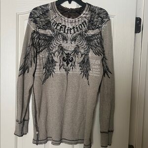 Affliction Dark Brown Graphic Long Sleeve Shirt that is reversible to beige.